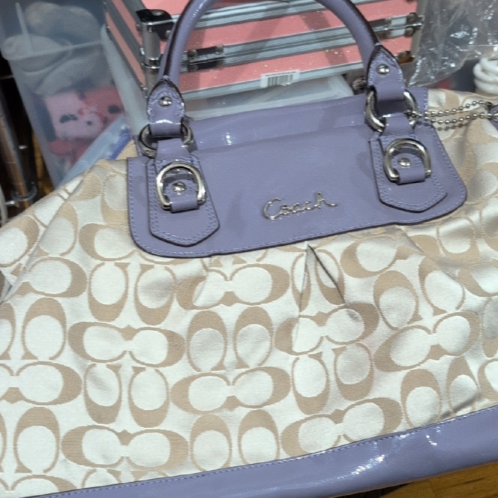 Coach Signature Cream and Purple Satchel with Elegant Design